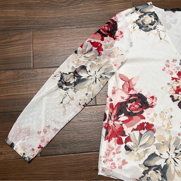 WHBM 14 Peasant Blouse V Neck Floral Long Sleeve White Black Red Tan - Picture 10 of 11